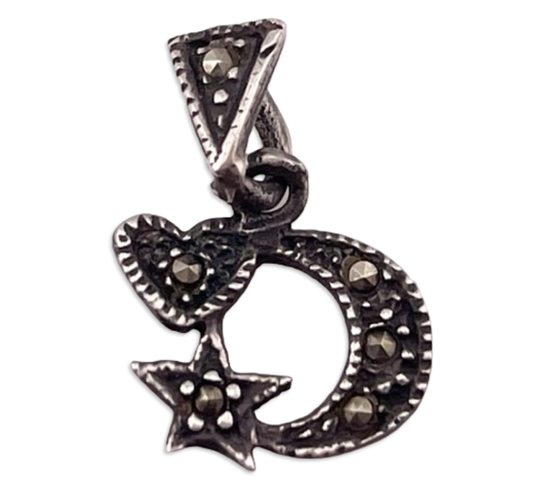sterling silver small marcasite moon star heart pendant