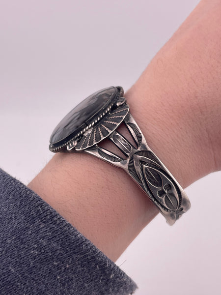 sterling or coin silver Fred Harvey era petrified wood cuff bracelet