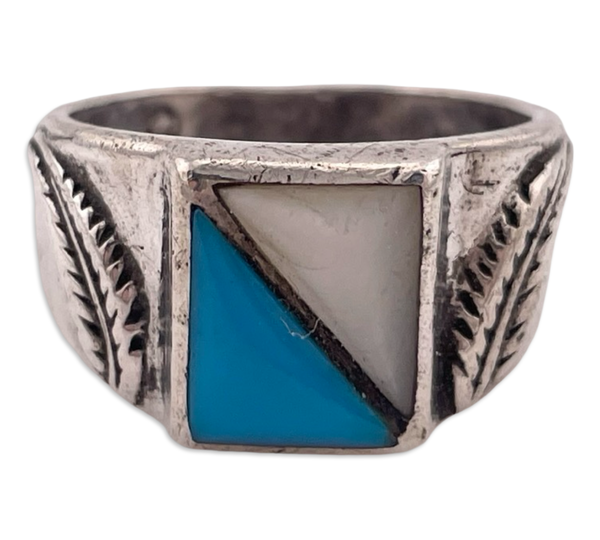 size 8.5 sterling silver turquoise & mother of pearl square ring