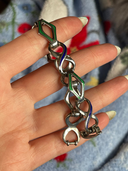 sterling silver 7" green & blue enamel link bracelet