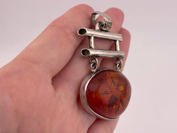 sterling silver 2-1/2" amber dangle pendant