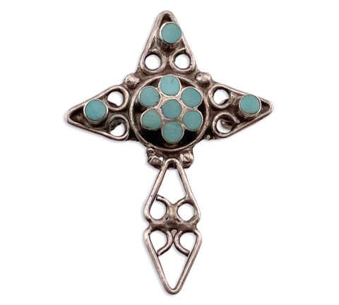 sterling silver turquoise inlay cross pendant brooch