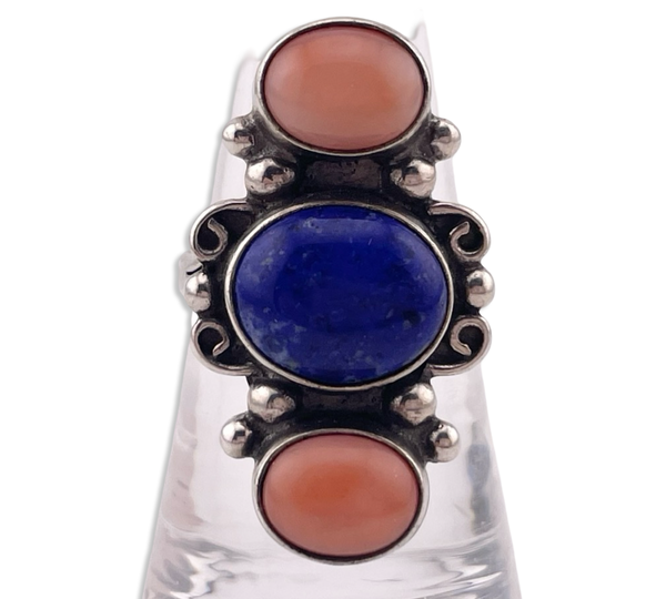 size 7.75 sterling silver lapis coral ring
