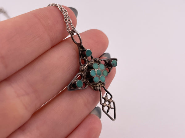 sterling silver Dishta style turquoise inlay cross pendant necklace