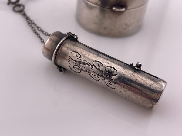 sterling silver antique chatelaine powder compact & lipstick holder **AS IS**