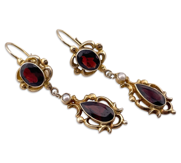 sterling silver gold wash faceted garnet pearl hook dangle earrings