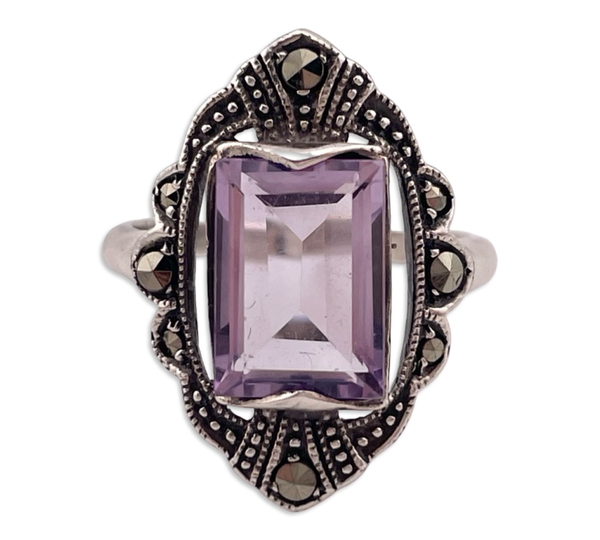 size 6.5 sterling silver faceted amethyst rectangle marcasite ring