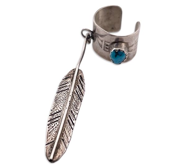 sterling silver turquoise feather stamped ear cuff