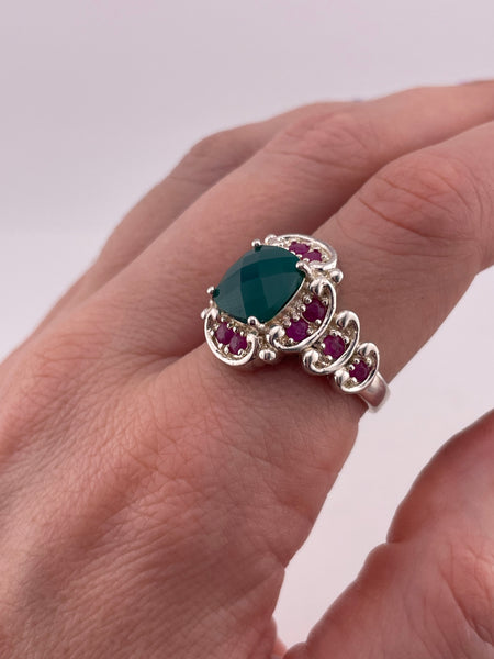 size 9 sterling silver faceted green agate lab ruby ring