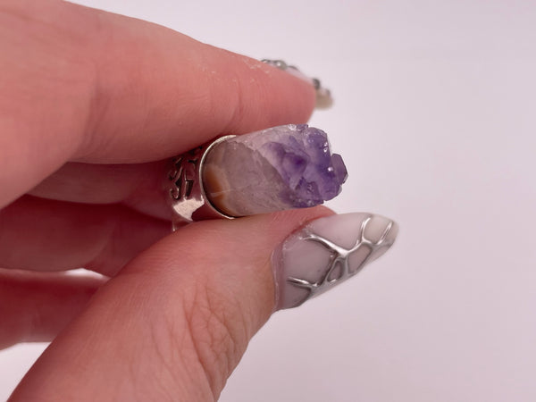sterling silver raw amethyst cylinder pendant