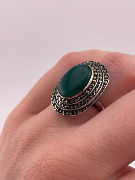 size 6.75 sterling silver Art Deco marcasite & chrysoprase ring **AS IS**