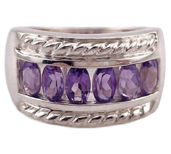 size 6 sterling silver faceted oval amethyst row rope design ring