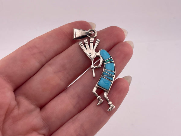 sterling silver synthetic turquoise lab opal Kokopelli pendant