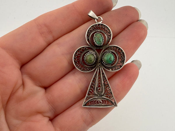 800 silver Ankh style cross turquoise filigree pendant