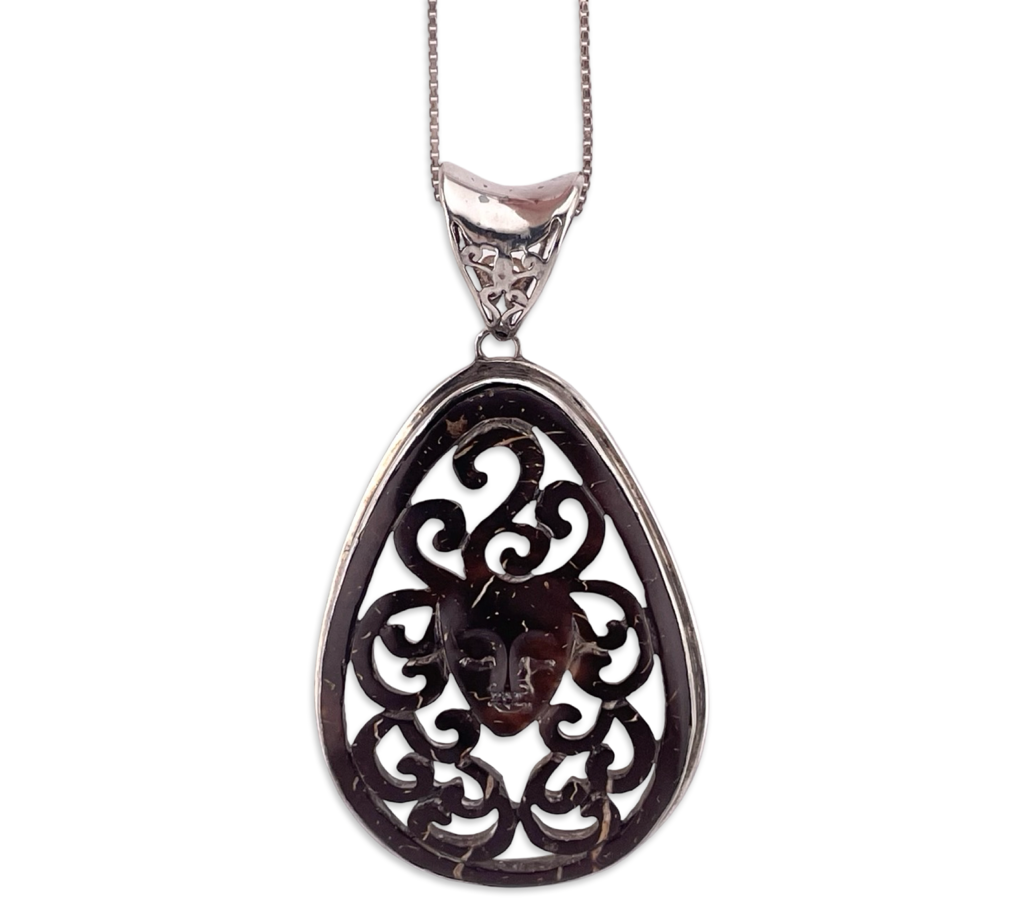 sterling silver 24" carved wood face necklace