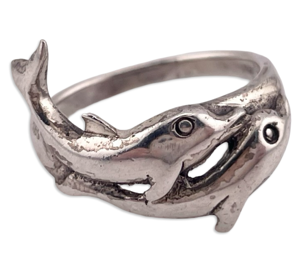 size 7.25 sterling silver rhodium plated dolphin ring