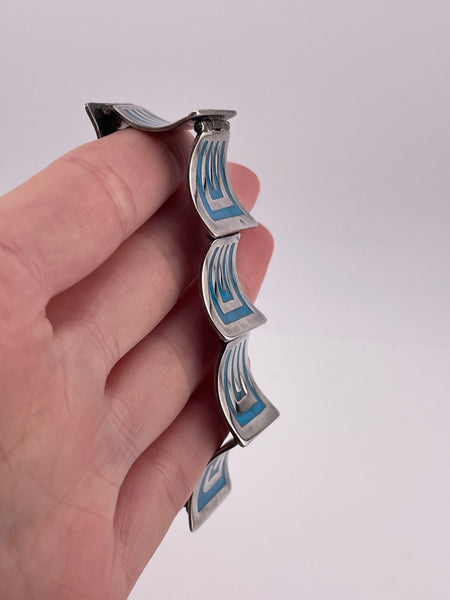 sterling silver 7" block turquoise artisan unique shape panel link bracelet