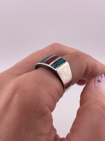 size 9.5 sterling silver crushed turquoise coral ring