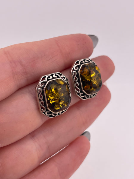 sterling silver rectangular amber post earrings