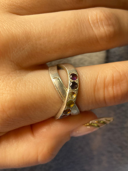 size 8.75 sterling silver faceted colorful multi-gemstone ring