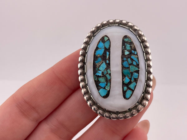 sterling silver mother of pearl turquoise pendant brooch