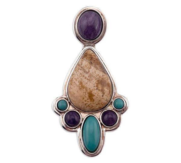 sterling silver jasper charoite stabilized turquoise dangle pendant