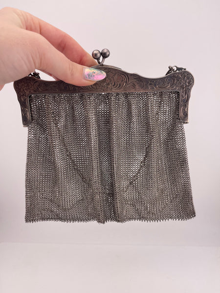 sterling silver 211 gram etched floral mesh purse bag