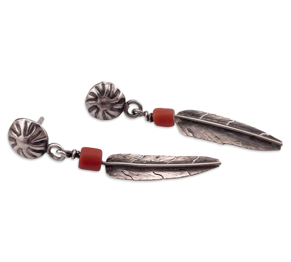 sterling silver coral bead feather post dangle earrings