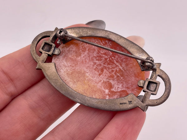 sterling silver carved shell cameo marcasite brooch