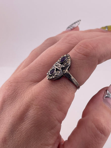 size 7.75 sterling silver faceted amethyst marcasite ring