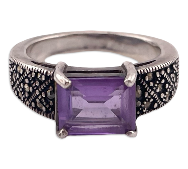 size 7 sterling silver faceted amethyst marcasite ring