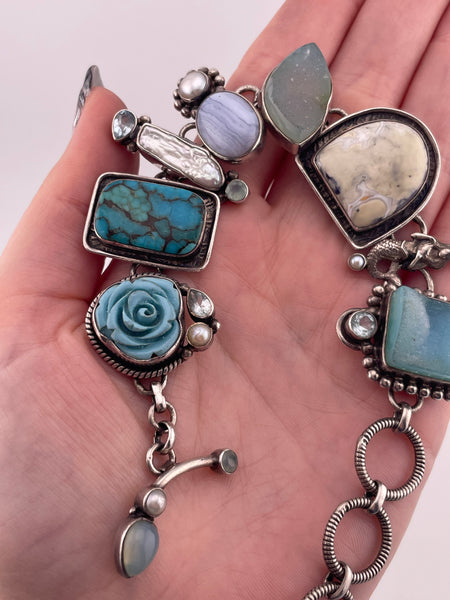 sterling silver 7-1/8" to 8-3/8" multi-stone mermaid link bracelet
