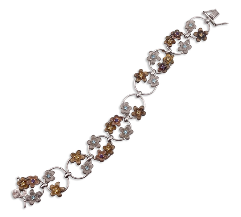 sterling silver & gold plated mult-gemstone flower link bracelet
