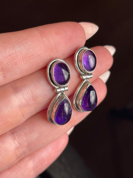 sterling silver double amethyst post hinge earrings