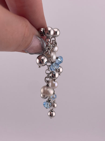 sterling silver 2-1/4" pearl blue plastic bead chandelier post dangle earrings
