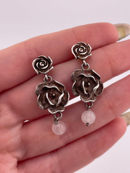 sterling silver rose quartz flower post dangle earrings