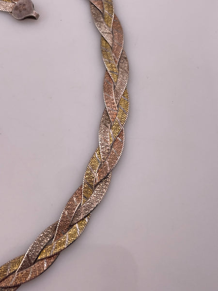 sterling silver gold wash 18" tri-color woven textured herringbone chain necklace