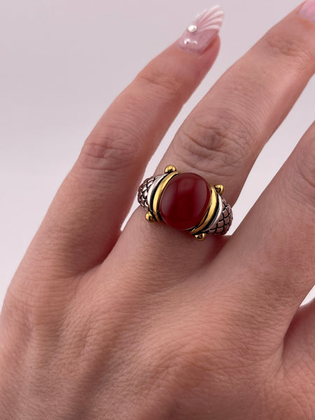 size 7.25 sterling silver gold plated red glass ring