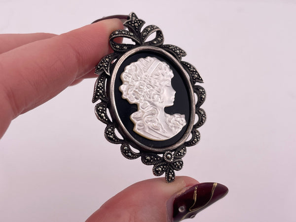 sterling silver onyx plastic cameo marcasite pendant brooch