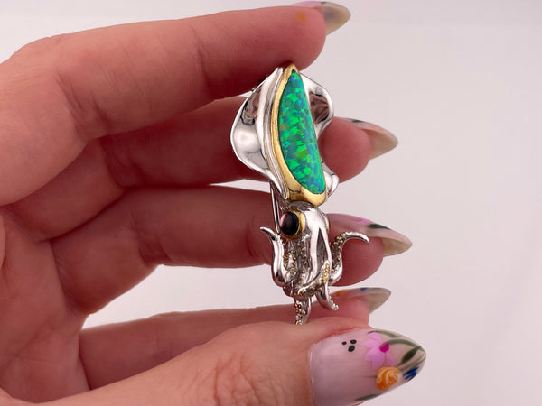 sterling silver lab opal mother of pearl squid pendant brooch