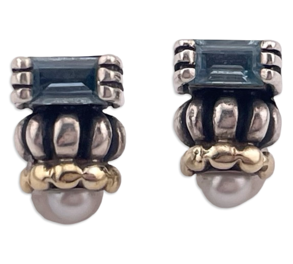 sterling silver & 18k gold Lagos Caviar Glacier pearl & blue topaz post earrings