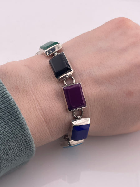 sterling silver Mexican heavy synthetic stone link bracelet