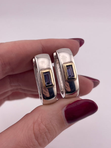 sterling silver & 14k gold faceted iolite hinge hoop earrings