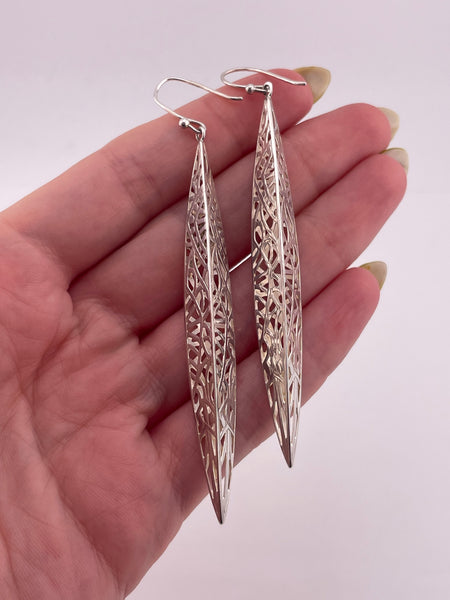 sterling silver long stoneless cut-out dangle earrings