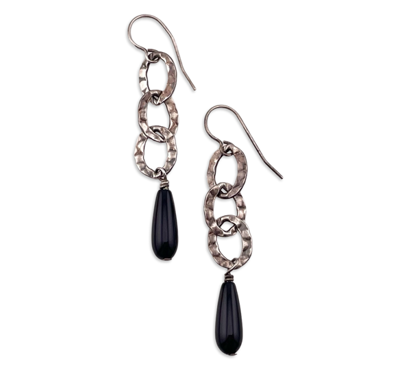 sterling silver onyx hammered design hook dangle earrings