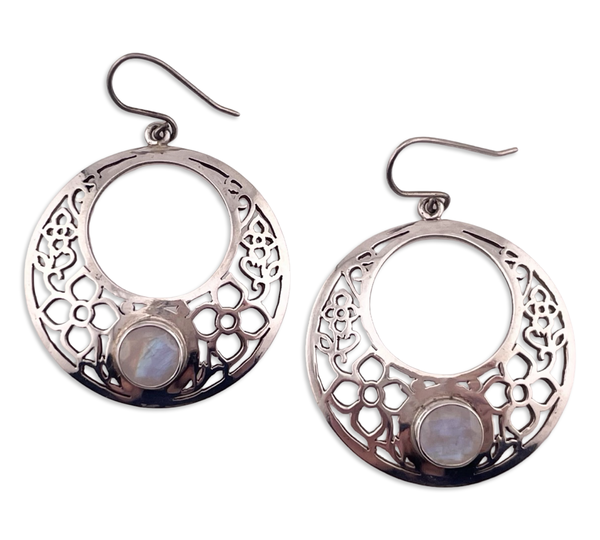 sterling silver faceted rainbow moonstone cut-out flower design hook dangle earrings