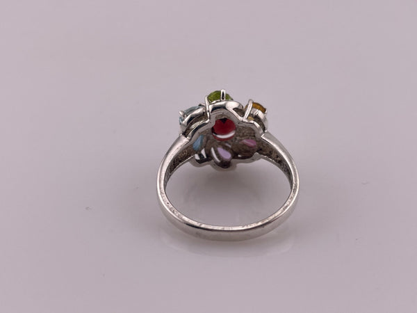 size 8.75 rhodium plated sterling silver faceted colorful multi-gemstone ring