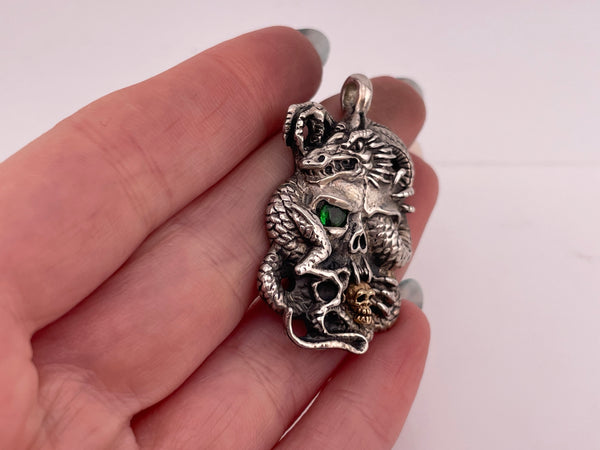 sterling silver & gold plated green gemstone skull dragon pendant