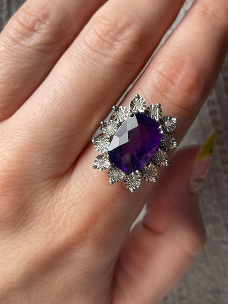size 7.25 sterling silver rhodium plated faceted amethyst ring