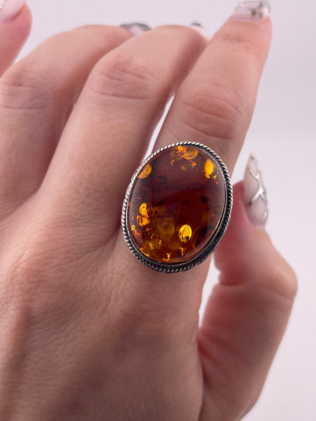 size 8 sterling silver chunky reconstituted amber ring